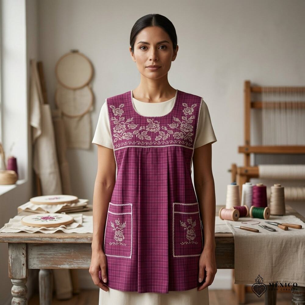 Traditional Mexican Cross-Stitch Embroidered Apron – Deluxe Artisan Smock Style